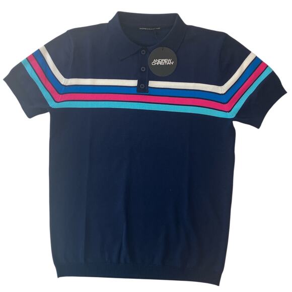 Andrew Christian Knit Stripe Polo Navy Blue Large - Picture 1 of 5